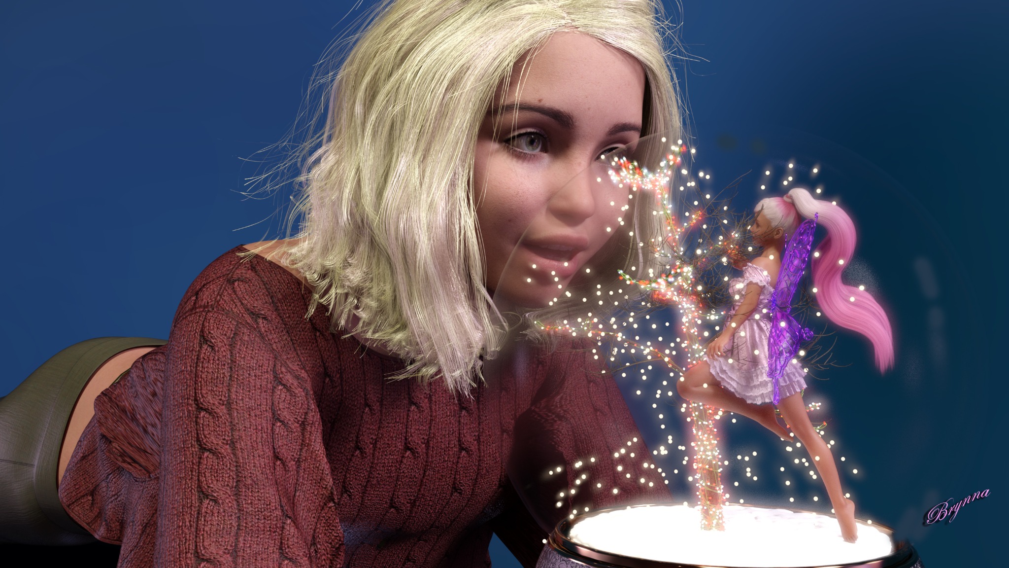 Fantasy artwork showing a woman looking at a small illuminated fairy